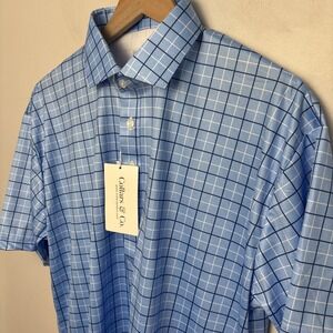Collars & Co Men's Large Semi-Spread Collar Polo Shirt Pienza Blue Windowpane